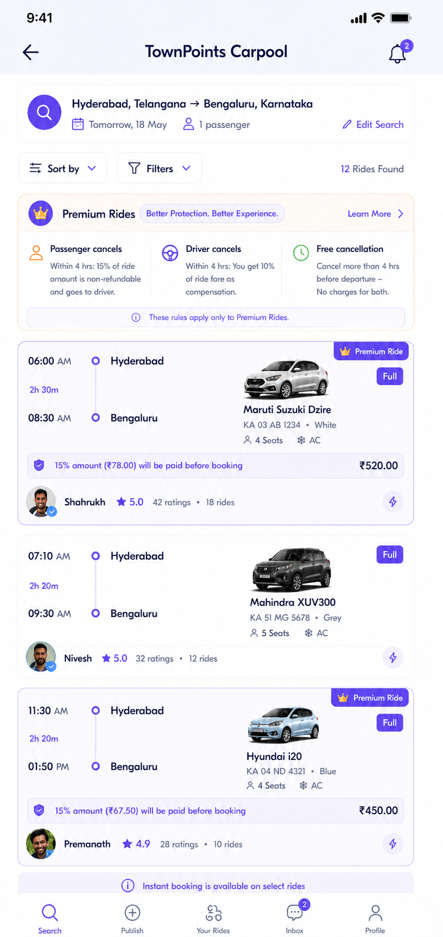 TP Move app showing carpool rides from Hyderabad to Bengaluru